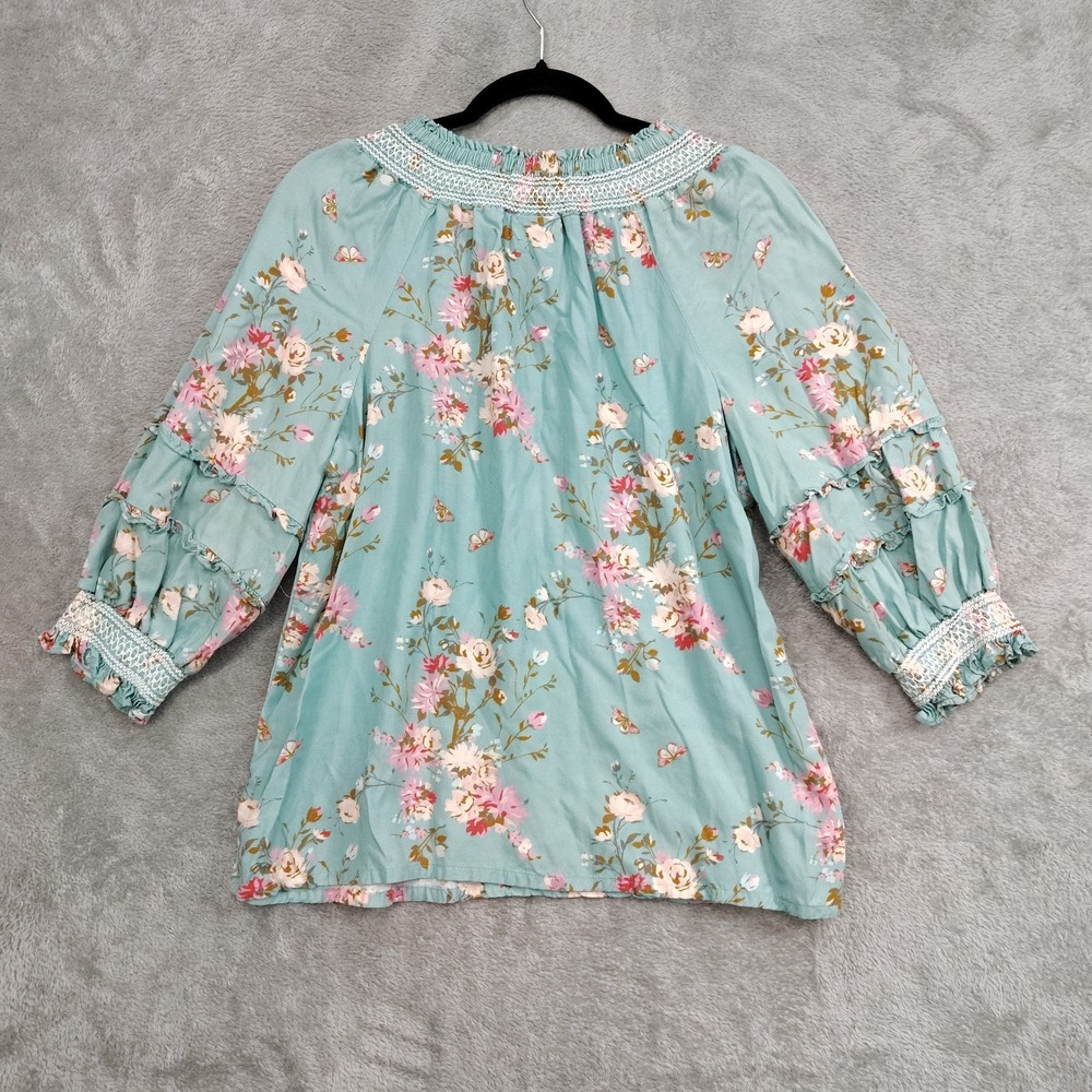 Spartina 449 Top M Boho Floral Smocked Neck Blouson Tiered Sleeve Cottagecore - Picture 2 of 8